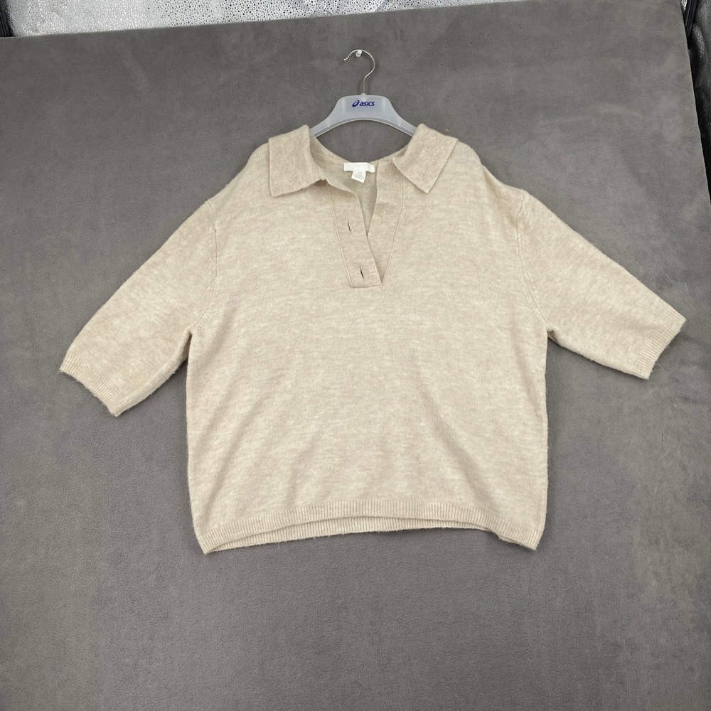 HM Oatmeal Knit Short Sleeve Polo Sweater V-Neck Wool Blend Beige Medium 0896152